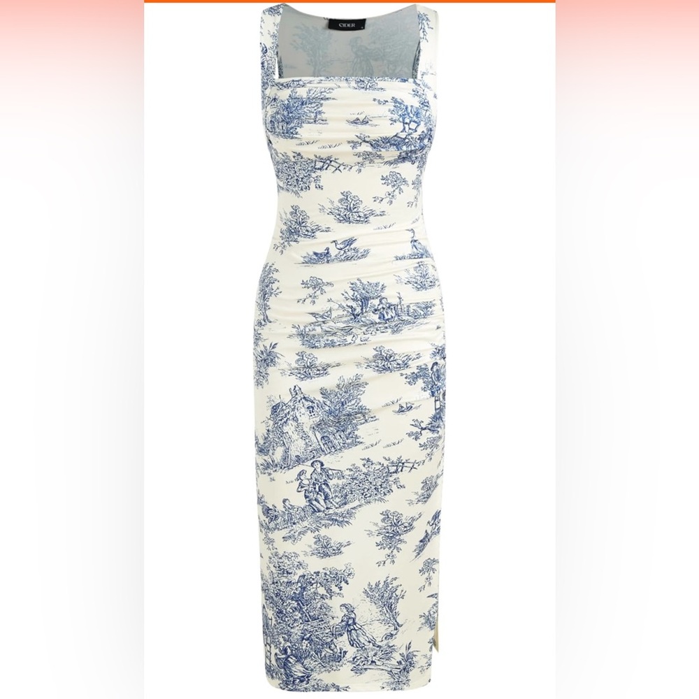 CIDER Toile de Jouy Ruched Split Maxi Dress